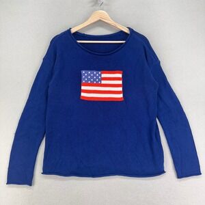 VTG American Flag Sweater Womens M Blue Crewneck‎ Americana Preppy Nautical